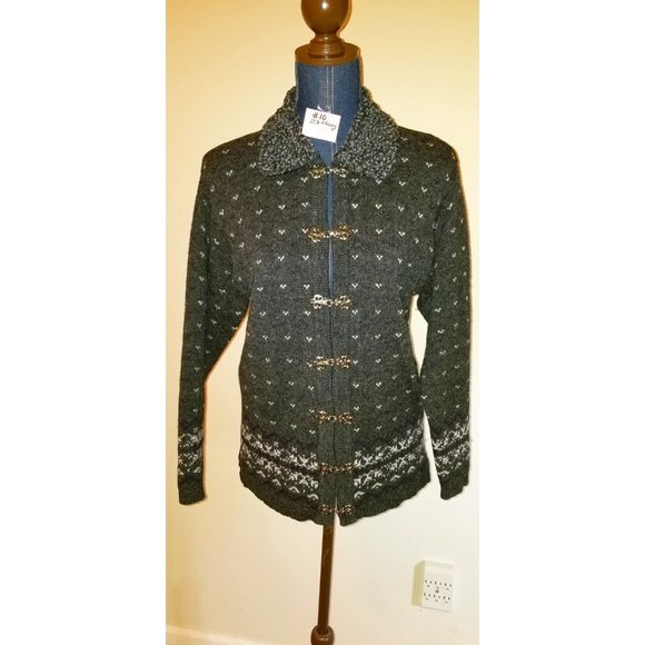 ✅#10 Mac & Jac Grey Multi-Color Wool Fair Isle Hand Knit Cardigan Removable Fur! - Picture 3 of 16